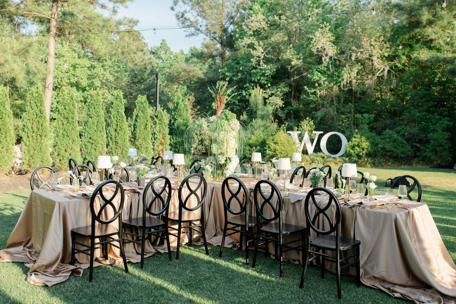 Reception tables on the lawn at White Oaks Farm, a Myrtle Beach wedding venue